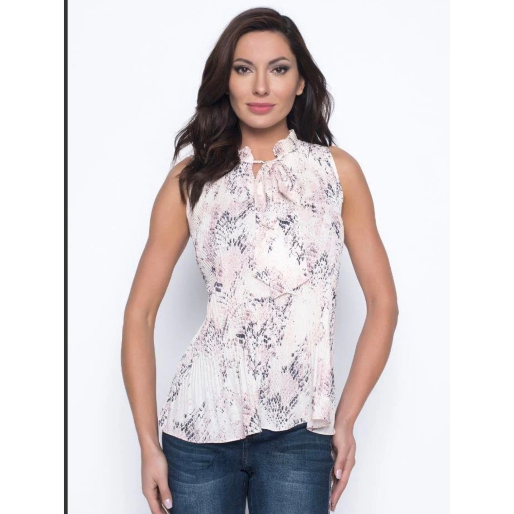 Frank Lyman Sleeveless Top Tie Neck Pink Black Snakeskin Print Size Small